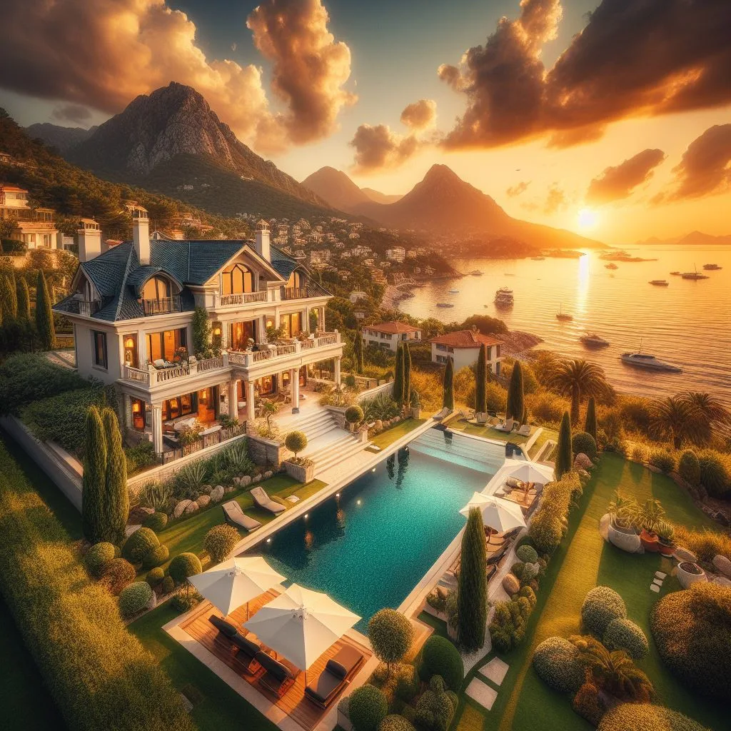 Luxusvilla mit Pool und Palmen an einer Küste im Abendlicht