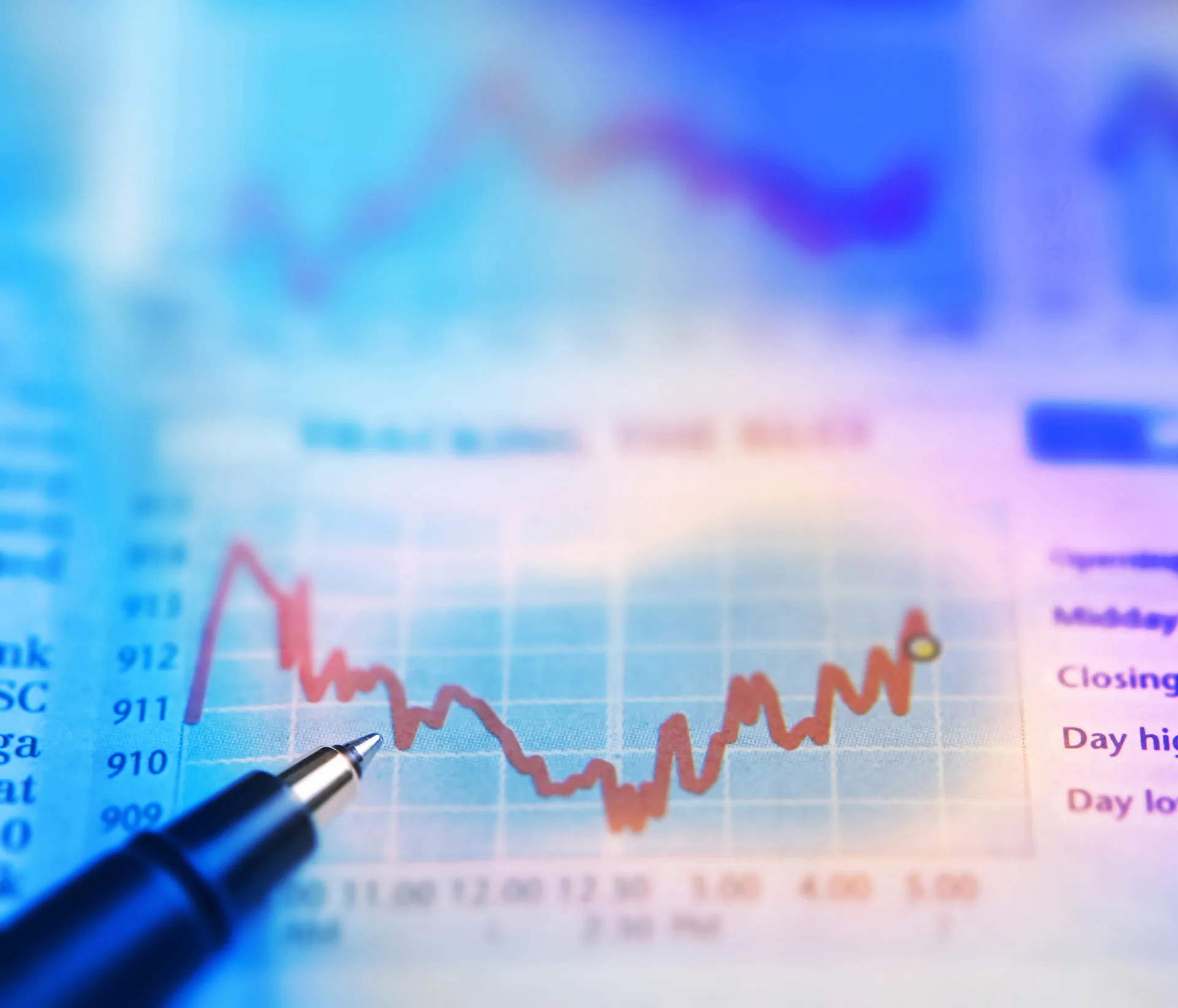 Ausgedruckter Börsenkurs-Chart mit schwankender Kurslinie, darauf ein Kugelschreiber