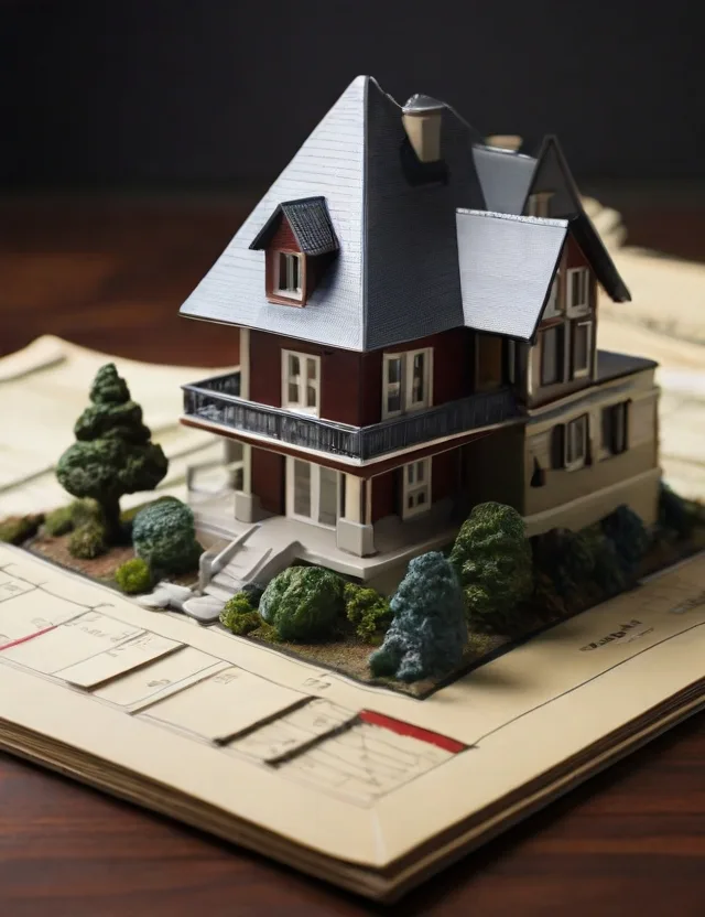 Dunkles Architekturmodell eines Einfamilienhauses mit Bäumen auf einem Bauplan
